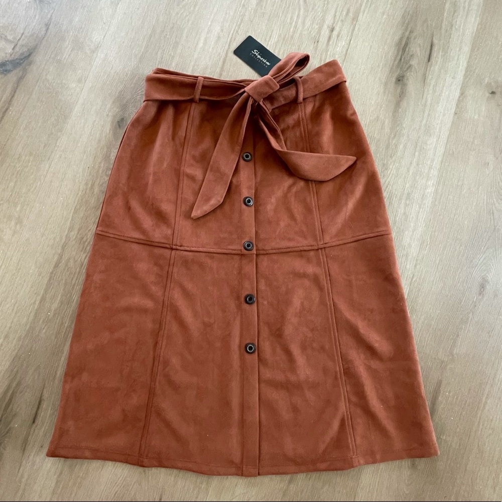 Rust faux suede midi skirt
